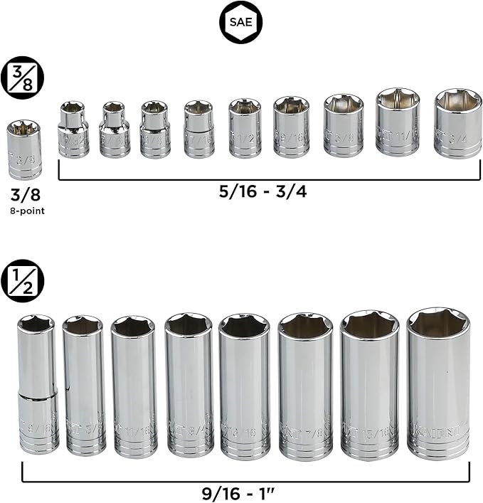 K304 Deep Combination Socket Set, 3/8-Inch & 1/2-Inch Drive, SAE/Metric, 45-Piece