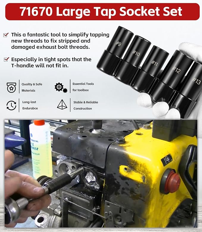71670 Tap Socket Set Fits 5/8", 11/16", 3/4", 7/8" and 1" Taps, 1/2" Drive, Tap Sockets Adapter For Larger, M.C.T.I. Standard Taps, Large Tap Socket Wrench Set