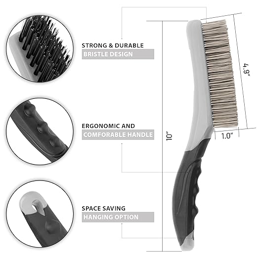 Wire Brush Set-Heavy Duty Stainless & Carbon Steel Bristles with Plastic Handle Grip for Rust, Wielding Slag, Dirt & Paint Scrubbing with Deep Cleaning ??10 Inches (Pack of 2-Gray)