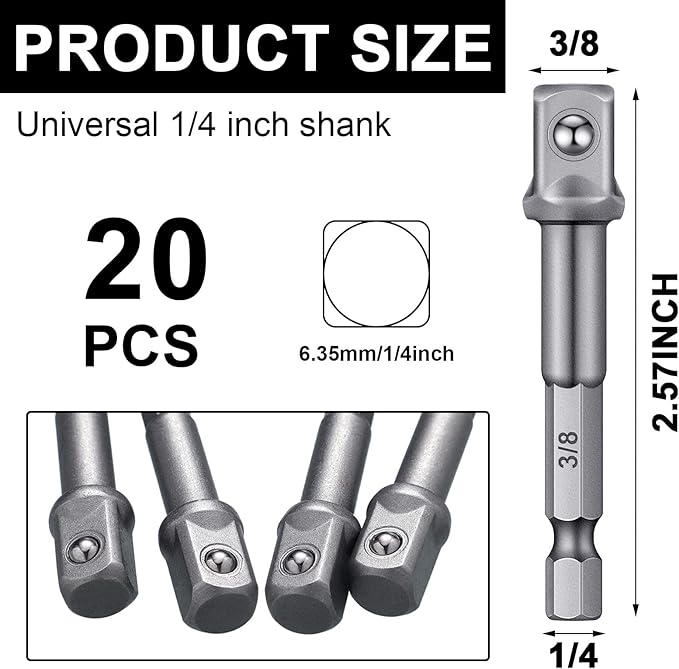 Mudder 20 Pieces 3/8 Inch Impact Adapter Square Socket Bit Adapter Hex Impact Socket for Drills Extension Accessory Driver Bits for Automotive DIY-1/4 Hex Shank(Silver)