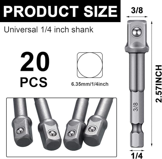 Mudder 20 Pieces 3/8 Inch Impact Adapter Square Socket Bit Adapter Hex Impact Socket for Drills Extension Accessory Driver Bits for Automotive DIY-1/4 Hex Shank(Silver)