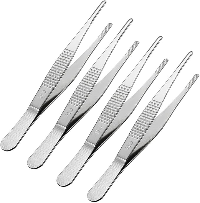 uxcell 4 Pcs 5-Inch Stainless Steel Straight Blunt Tweezers with Serrated Tip