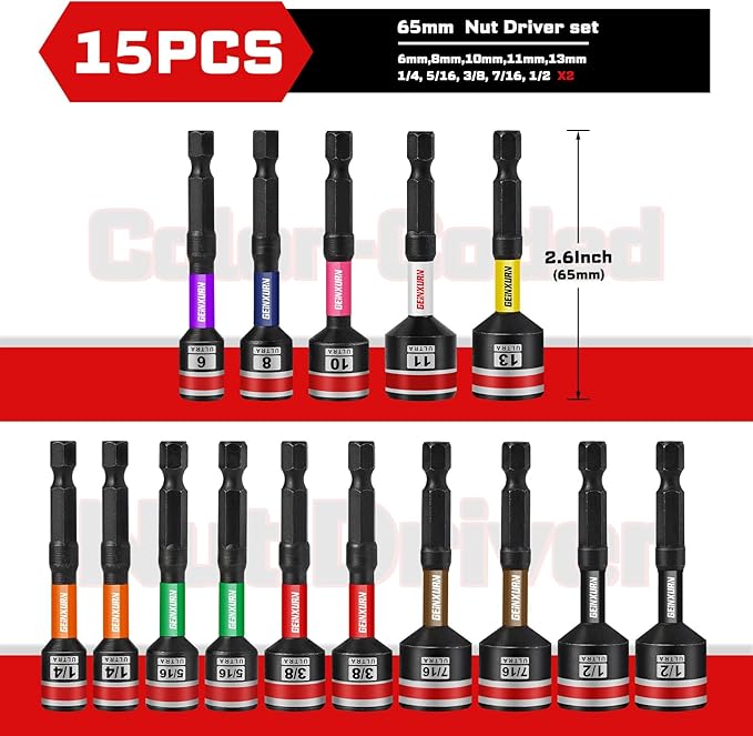 Impact Nut Driver Set, 15 Pieces 65mm 2.56?쒵ong 6mm/8mm/10mm/ 11mm/13mm 1/4??/16??/8??/16??/2??6 Point Alloy Steel Magnetic SAE Metric Nut Setter Set 1/4 Hex Shank with Case Box