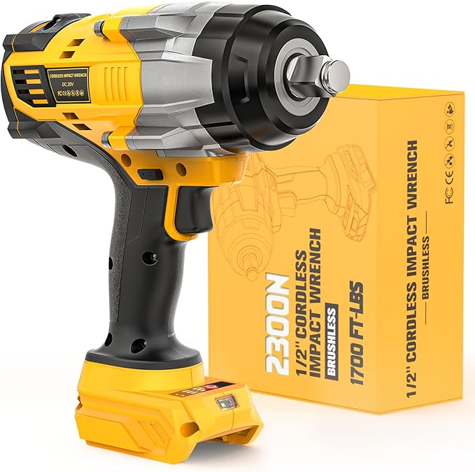 Impact Wrench Compatible with DeWalt 20V Battery: 1/2 Inch Hog Ring Impact Driver High Torque - 2300N.m/1700Ft-lbs Cordless Impact Gun - Brushless Motor with LED Light - Tool Only