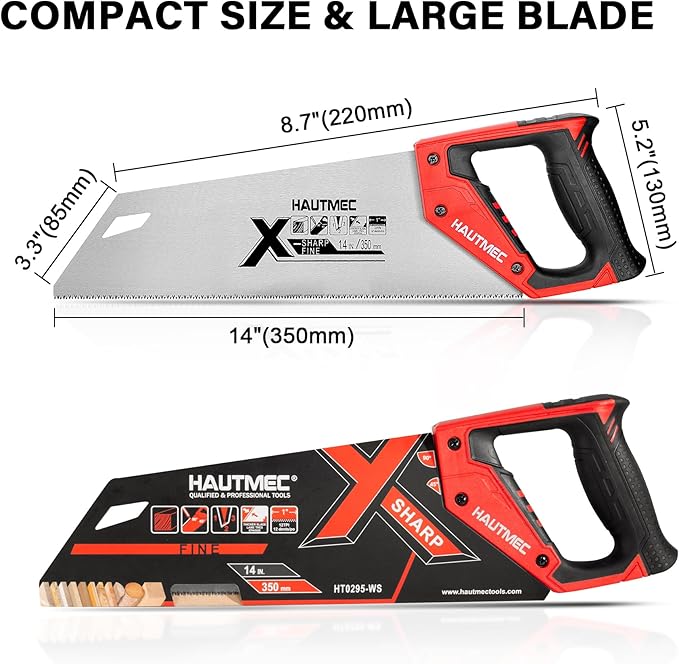 HAUTMEC 14" X-Sharp Compact Hand Saw for Cuts Comfort, Quality and Accuracy, Fine-Cut Handsaw with 12 TPI Triple-Ground Teeth and 1mm Thickened Large Blade, Bi-Material Ergonomic Handle – HT0295