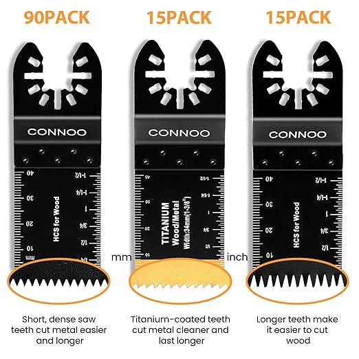 CONNOO 120 Pack Oscillating Saw Blades, Multitool Oscillating Tool Blades for Wood Metal Plastics, Japanese Long Teeth, Quick Release Multi Tool Blades Kits for Oscillating Tools