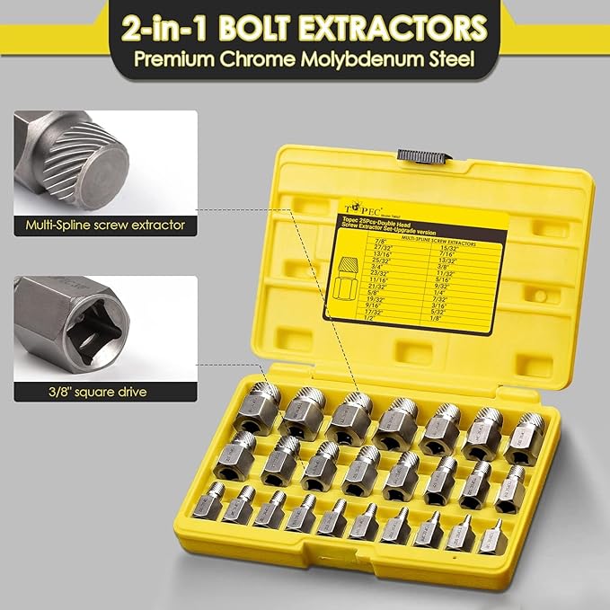 Topec 25Pcs-Double Head Screw Extractor Set, Newest Version 3/8??Drive 2-in-1 Functional Easy Out Bolt Extractor Set, Premium CR-MO Steel Rounded Bolt Remover