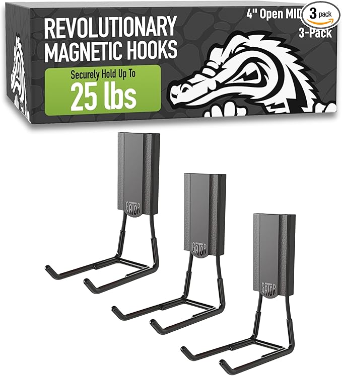 GATOR MAGNETICS MIDI 4 in Open Hooks, 25 lb Heavy Duty Magnetic Hooks for Steel Surfaces, Patented Easy-Release, Non-Slip Grip ??Storage & Organization, Garage, Shed, Home, Cleaning Tools - 3 Pack