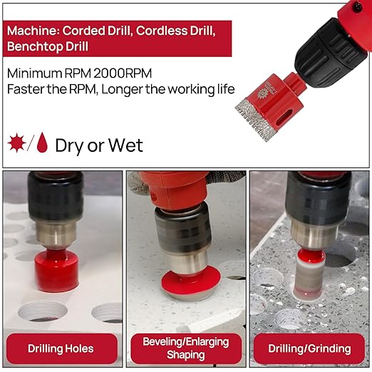 Diamond Core Drill Bit Set - FOCSTOL 11pcs (6/8/10/25/28/32/35/45/65mm+20mm Drilling Milling Bit+50mm Beveling Chamfer Bit) Hole Saw Kit for Porcelain Ceramic Tile Marble Granite with Triangle Shank