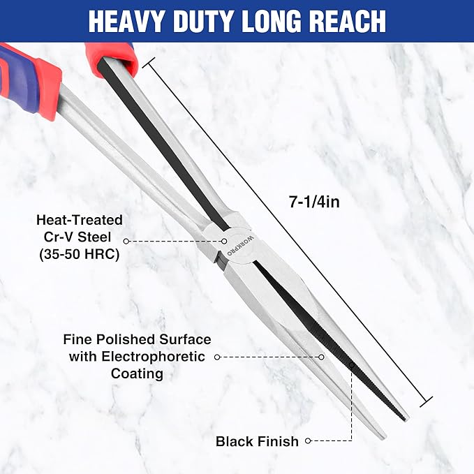 WORKPRO Premium 11??Extra Long Needle Nose Pliers, Paper Clamp Precision, Heavy-Duty CRV Steel, Soft Grip