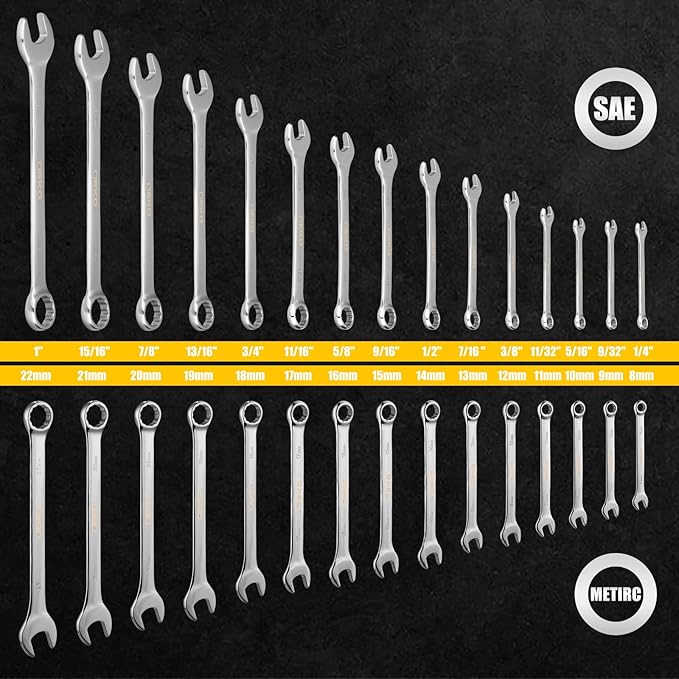 DEKOPRO Combination Wrench Set, SAE&Metric, 30-piece, 1/4'' to 1'' & 8-22mm, 12-Point, Chrome Vanadium Steel, with Plastic Tray
