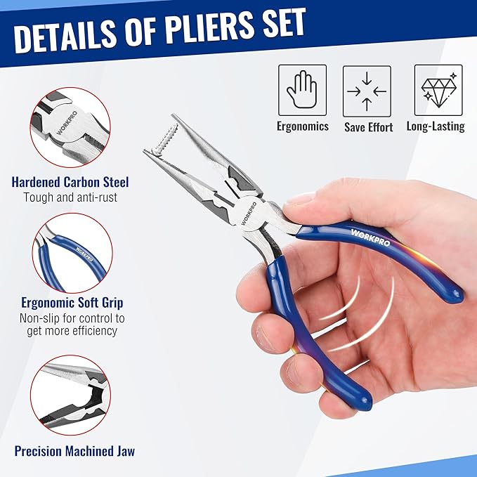 WORKPRO Pliers Set, 3-Piece Plier Tool Set with Soft Handle, 6" Needle Nose, 6" Slip Joint, 8" Groove Joint Plier for DIY & Home Use