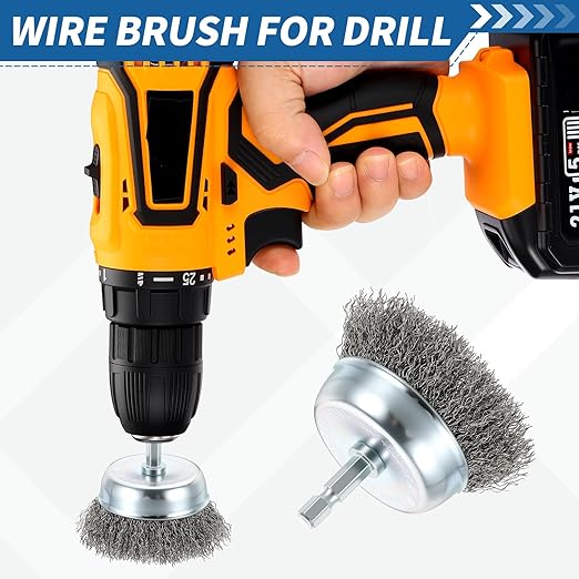 Wire Brush for Drill (3"/75mm) 5Pack, Crimping Steel Wire 0.012" (Carbon Steel) Wire Brush Drill Attachment with 1/4" Hex Shank - for Rust, Cleaning, Deburring on Cast Iron