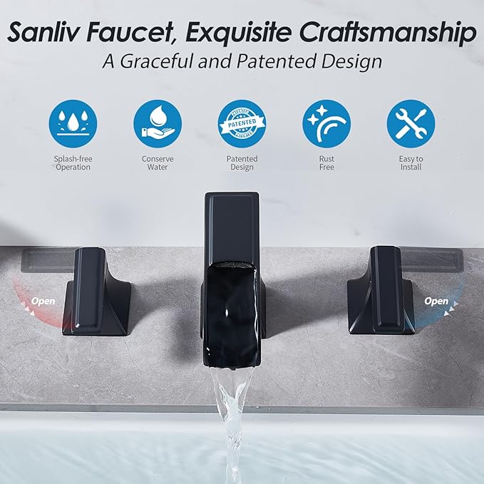 Black Waterfall Bathroom Faucet, Sanliv 3-Piece Widespread Bathroom Faucet for 3-Hole Sinks 4-8 inch, Modern 2-Handle Vanity Faucet with Pop-Up Drain, Matte Black