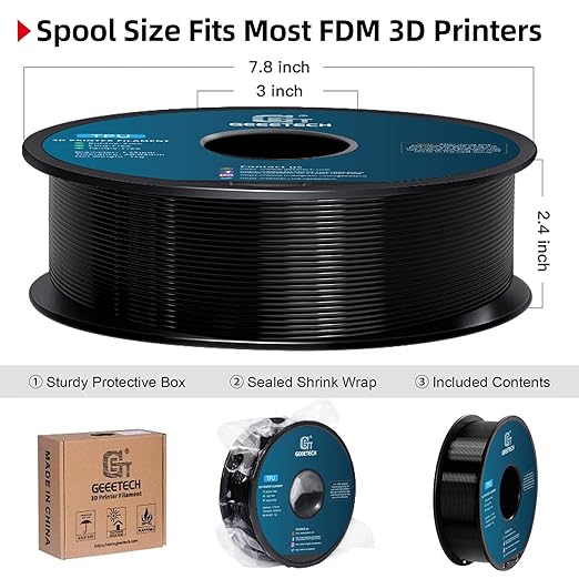 Geeetech TPU Filament 1.75mm, Shore 95A Flexible 3D Printer Filament with High Elasticity, 1KG (2.2lbs) Spool, Dimensional Accuracy 짹0.03mm, Fits Most FDM Printers (Black)