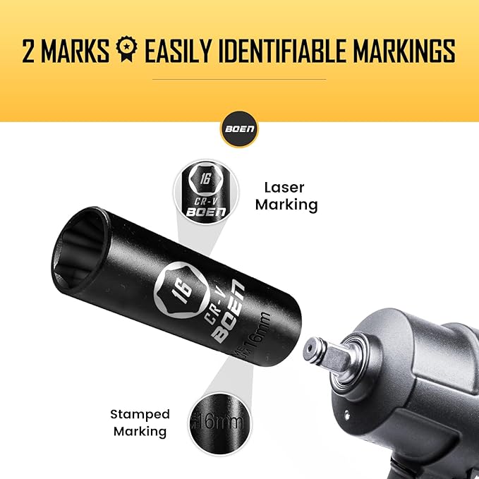 BOEN 1/2" Drive Deep Impact Socket,16mm Premium Socket,Metric,6 Point,Cr-V Steel with Laser Marking - Strong and Durable
