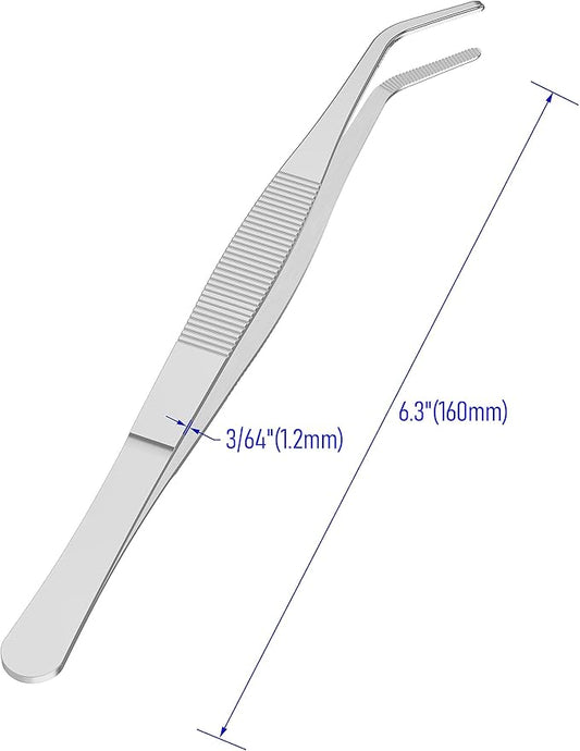 5 Inch Stainless Steel Tweezers, Curved Round Blunt Serrated Tip, Perfectly Aligned, 3/64 Inch Thickness Stainless Steel, Multipurpose Daily Garden Home Lab Craft Repairing Tool