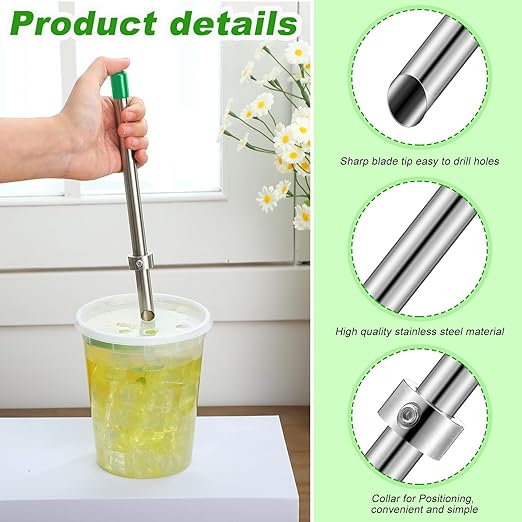 Lasnten 2 Pack Straw Puncher for Plastic Lids Lemonade Cups, Stainless Steel Straw Hole Puncher Punching Tools for Cafe Drinks Deli Container Squeezed Fresh Lemonade Stand Supplies(8.7 Inch,Green)