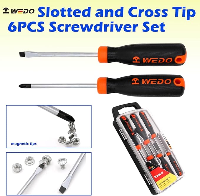 WEDO 6Pcs Screwdriver Set, Magnetic Screwdriver with 2 Phillips& 4 Slotted Head Tips with Case Package, PH1*75mm, PH2*100mm, 3 * 75mm, 5 * 75mm, 6 * 100mm, 8 * 150mm, Heavy Duty S2 Steel Made