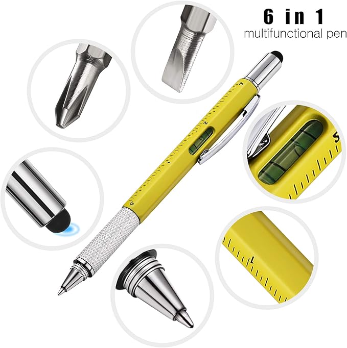 Zhanmai 8 Pcs Gift Pen for Men 6 in 1 Multitool Pen with Ruler Level Refills Screwdriver Stylus Christmas Stocking Stuffers Gift for Men Dad Husband Adults Birthday Present(Black, Yellow)