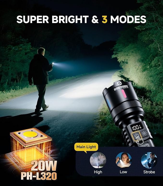 Esgreen LED Rechargeable Flashlights High Lumens 10000 2 Pack, Single Click Bright Flashlight Long Lasting 12H, Compact Handheld Flash Light USB C, White & Red Light, for Hiking Camping Gift