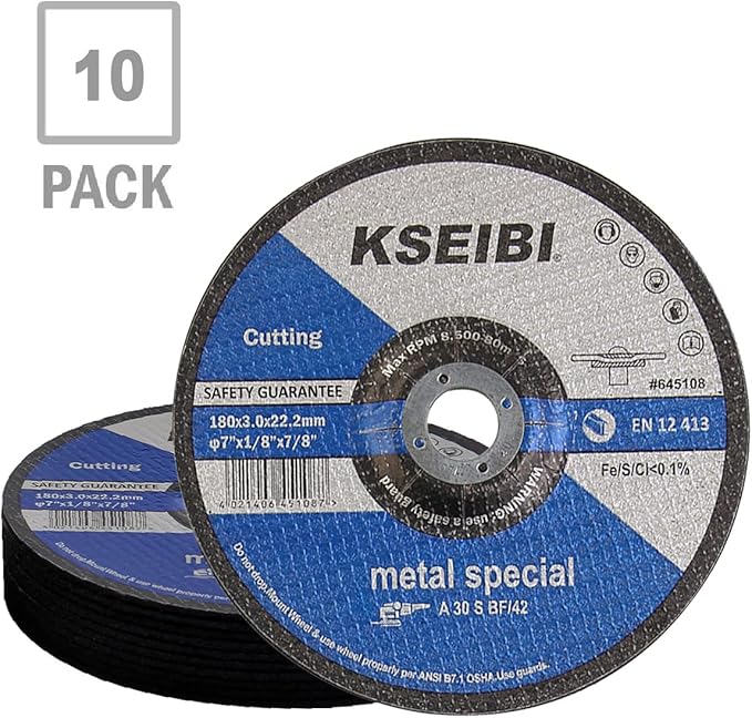 KSEIBI 645108 Grinding Wheels 10-Pack, Aluminum Oxide Discs for Metal & Stainless Steel, 7" x 1/8" x 7/8", Aggressive Grinding for Angle Grinders, Depressed Center Design