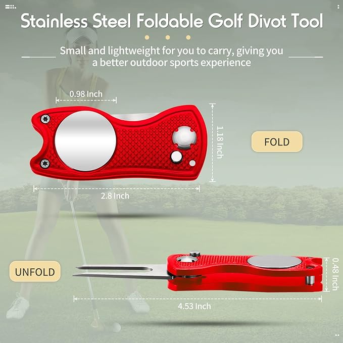 Skylety 4 Pcs Golf Divot Repair Tool Metal Foldable Golf Divot Tool with Magnetic Pop-up Button Ball Marker Stainless Steel Switchblade for Golfers Prizes