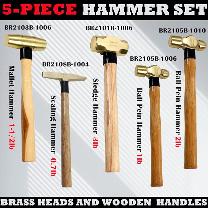 WEDO 5-Piece Hammer Set - 3lb Sledge, 1.5lb Drum, 1lb & 2lb Ball Pein, 0.7lb Scaling Hammers with Brass Heads and Wooden Handles