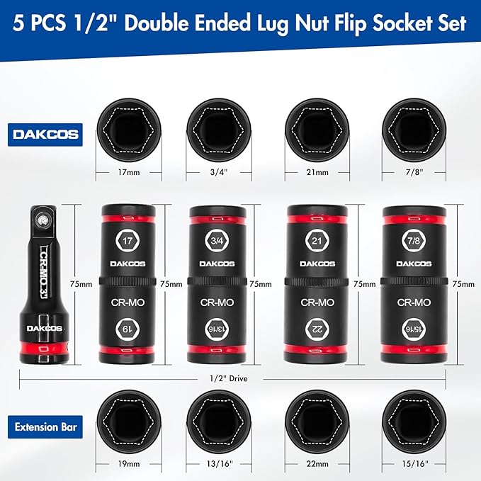 Lug Nut Impact Socket Set,Double Ended Thin Wall Wheel Socket Set with 3" Extension Bar, Metric 17-19 21-22 mm & SAE 3/4"-13/16", 7/8"-15/16", Cr-Mo Steel