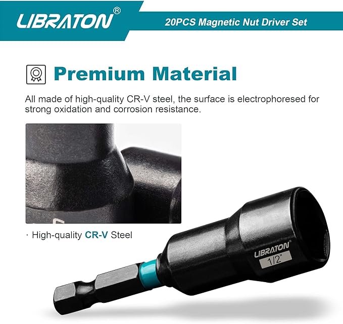 Libraton 20PCS Magnetic Nut Driver Set, Impact Drill Driver Bit Set 1/4", Metric and SAE Nut Driver, with Storage Bag, 5-13mm and 3/16''-1/2'' Nut Drivers