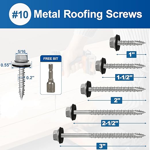 Metal Roofing Screws #10×1Inch, 500-PCS, Hex Head Rustpert Coating Sheet Metal to Wood Siding Screw with EPDM Rubber Washer, Sharp Point, Hex Socket Included