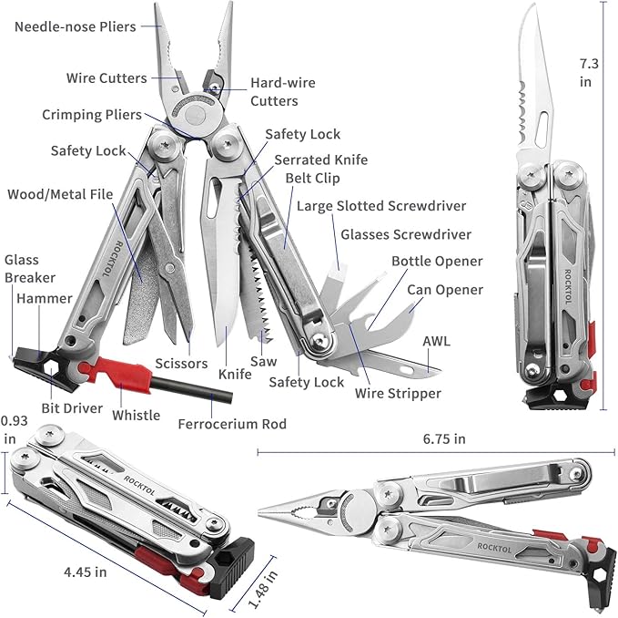ROCKTOL Multitool, 22-in-1 Multi-tool Pliers with Fire Starter, Emergency Whistle, Glass Breaker, Safety Locking and Nylon Sheath for Survival, Camping, multitool for men