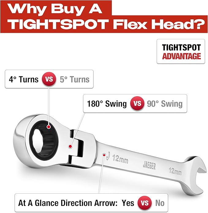 Jaeger 12 mm Flex Head TIGHTSPOT Ratchet Wrench, 4 Degree Swing arc, 12-Point Ratchet Combination Wrench, 90-Tooth