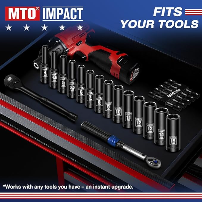 MTO 14-Piece 1/4" Drive Magnetic Deep Impact Socket Set, Metric Size (4mm-15mm) 6 Point Sockets