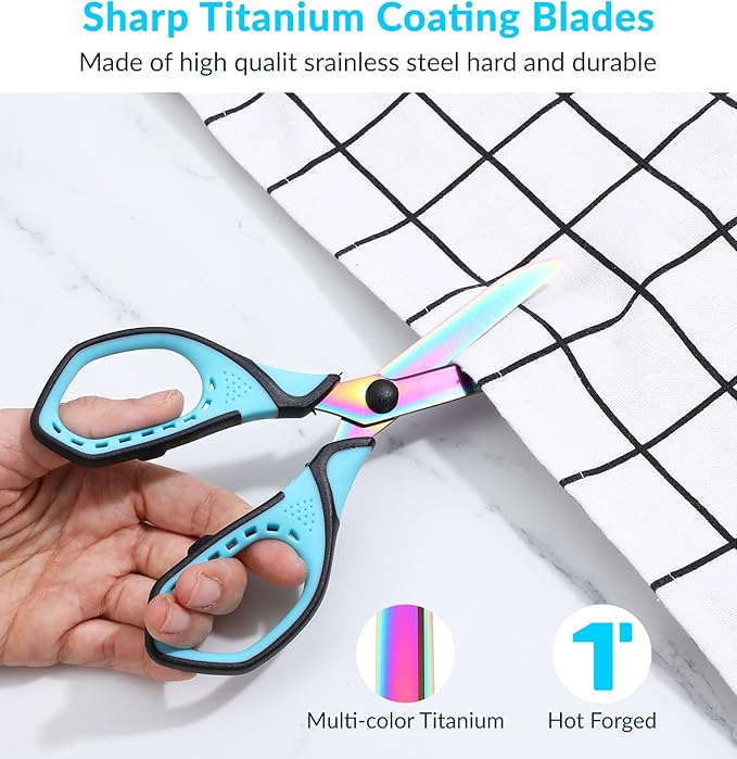 Scissors with Case, 1 Pair of Stainless Steel Titanium Coated Multi-purpose Scissors, Fabric Sewing Office Craft Soft Grip Pointed Shears Cutter for Home School Supplies (Blue & Rainbow)
