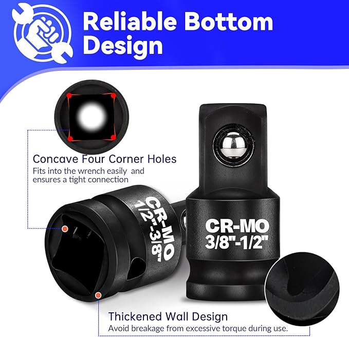 3/8" Female to 1/2" Male, 1/2" Female to 3/8" Male Impact Socket Adapter Reducer Set, 2 Pcs Chrome Molybdenum Steel Driver Conversion Adapters, for Sockets and Impact Wrench