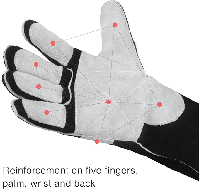 YESWELDER 16 Inches,932℉,Leather Forge MIG Welding Gloves, with Kevlar Stitching Heat/Fire Resistant, Palm Reinforcements, Black-Gray