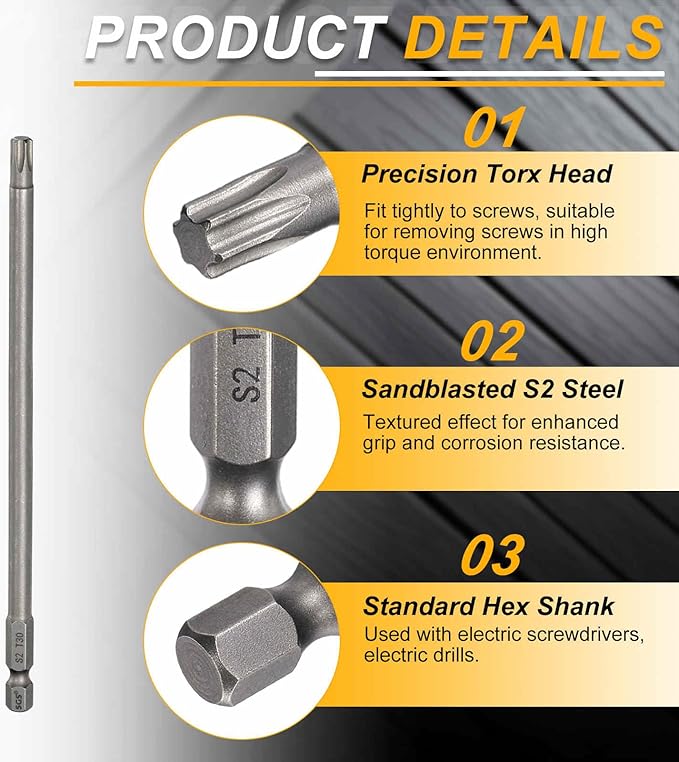 HARFINGTON 2pcs T30 Torx Head Screwdriver Bit 1/4" Hex Shank 6" (150mm) Long Magnetic No Hole Tip Tamper Proof 6 Point Star Screw Driver Drill Bits S2 Steel Industrial Power Screwdrivers