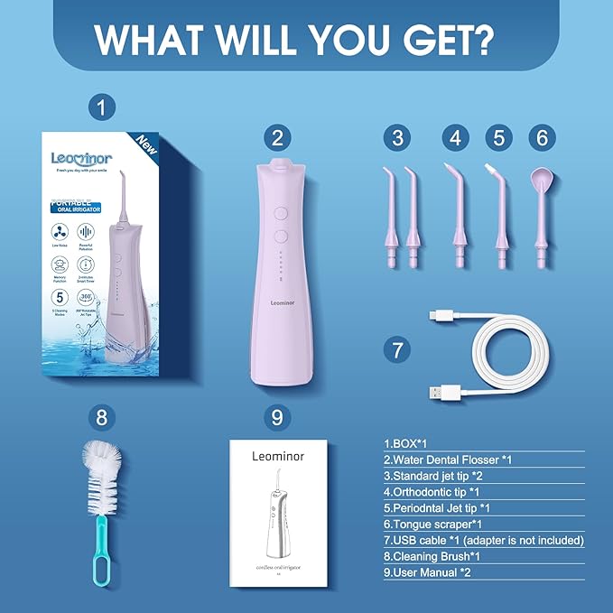 Leominor Water Dental Flosser - 5 Modes Cordless Oral Irrigator, IPX7 Waterproof, Rechargeable Teeth Cleaner Upgrade Datchable Tank Professional Flossing Cleaning Pick for Home Travel (Purple)