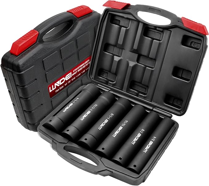 LLNDEI 1/2 Inch Drive Extended Length Impact Socket Set 6PCS Extra Deep Socket Set Include Sizes 3/4", 7/8", 15/16", 1-1/16", 1-1/8", 1-1/4" for High Torque Use