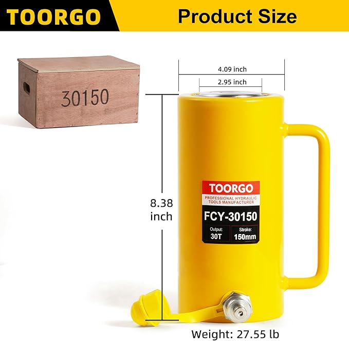 30T 6Inch Stroke Porta Power Single Acting Lifting Cylinder for Shipbuilding, Machinery and Industry,Automatically Retract Split Hydraulic Cylinders Tools, Yellow