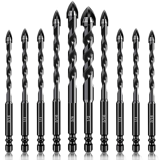 HPHOPE 10Pcs Masonry Drill Bits Set - Concrete Drill Bit Set for Tile, Brick, Glass, Plastic and Wood, Tungsten Carbide Tip Work with Ceramic Tile, Wall Mirror, Paver on Concrete or Brick Wall
