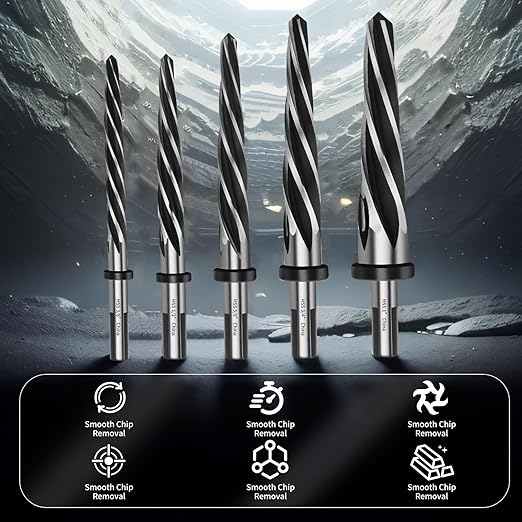 5PCS(3/8" 1/2" 5/8" 3/4" 1") Reamer Drill Bit,M2 HSS Tapered Reamer Drill Bit for Metal Wood Plastic, Bridge Construction Reamer with Non-Slip Shank,5-Spiral Flutes Bit