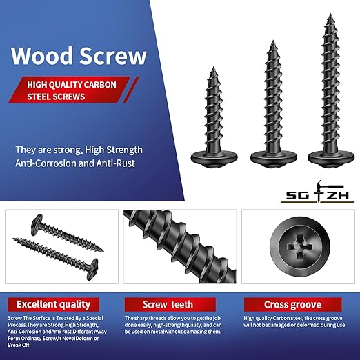 #8 x 1 Inch Wood Screw 500Pcs Alloy Steel Standard Thread Truss Head Fast Self Tapping Black Oxide by SG TZH