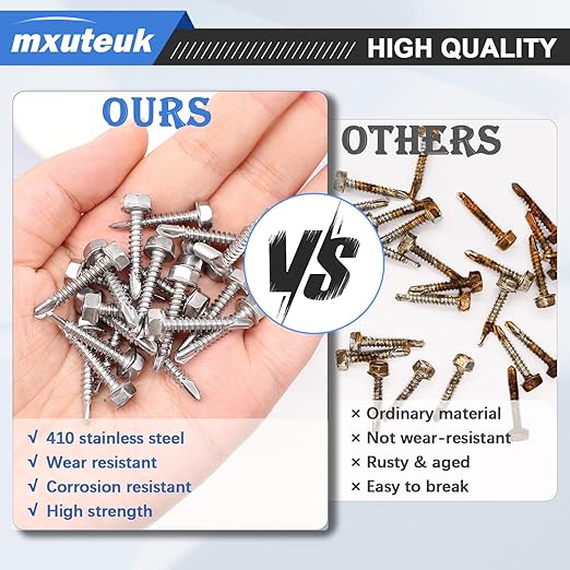 mxuteuk #8횞1" Self Tapping Screws,410 Stainless Steel Self Tapping Screws for Metal,Self Drilling Screws,Hex Washer Head Sheet Metal Screws Suitable for Wood, Metal or Tough Materials(170PCS)