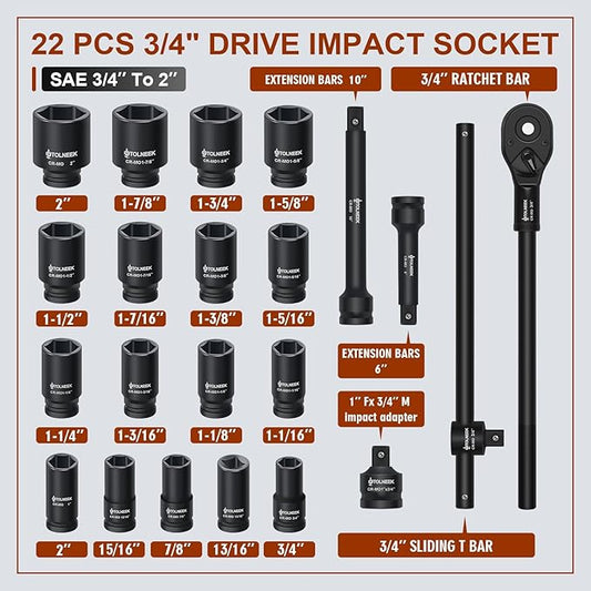 3/4" Impact Socket Set, 22PCS 6-Point SAE Sizes (3/4" to 2"), Cr-Mo Steel Set with Adapters, Quick Release Ratchet Wrench, Andextension Rod & Durable Storage Case