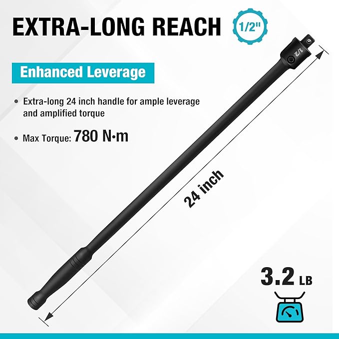 DURATECH Breaker Bar, 1/2'' Drive 24-Inch Breaker Bars Heavy Duty, with 240째 Flex Head, Spring-loaded Detent Ball, CR-MO Head, Premium Black Phosphate Finish