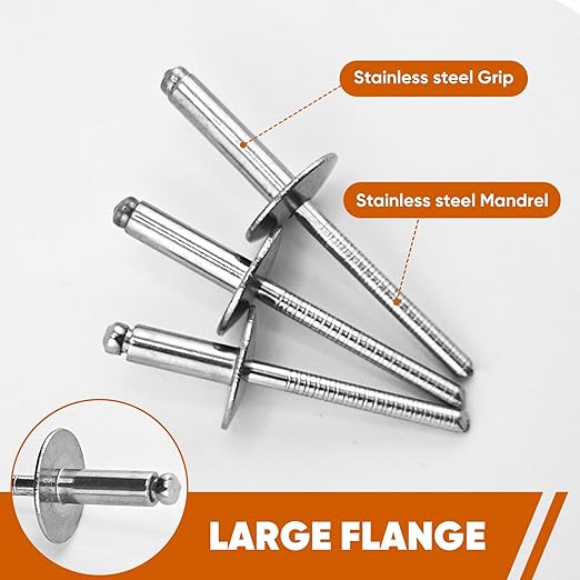 100pcs All Stainless Steel Large Flange Blind Rivets, 3/16 * 1/2" Open End Stainless Steel Pop Rivet, 4.8 * 12