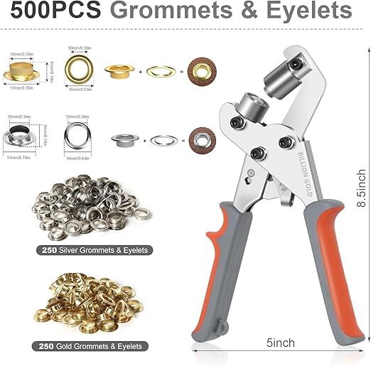 Grommet Tool Kit, BILLION GOLD 3/8 inch 500PCS Eyelets and Grommets, Tarp Grommet Kits for Canvas, Banners