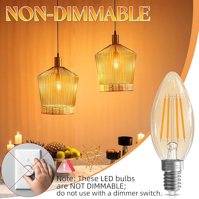 Candelabra Light Bulbs 40 watt Equivalent, E12 LED Bulb Non-Dimmable B10 LED Candle Bulb, 2200K Amber Warm, LED Chandelier Bulb, 90+CRI, 400LM, Amber Glass Finish, 24 Pack